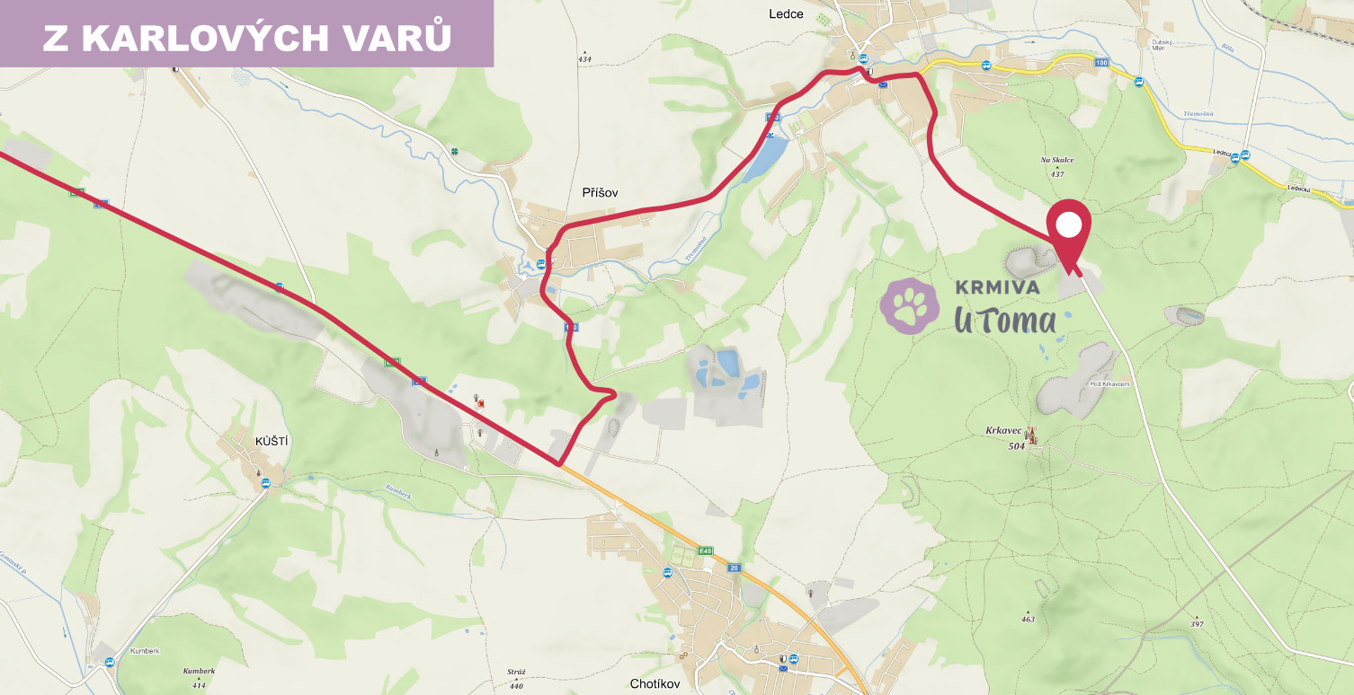 Mapa s trasou – pobočka v Ledcích u Plzně – Krmiva u Toma